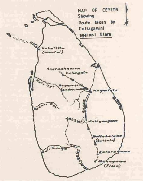 Map showing the earliest recorded Sinhalese campaign against the Tamils. 