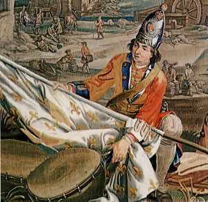 British grenadier with captured French flag at Blenheim 1709