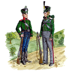 Prussian jaegers 1813 - 14. The line infantry wore blue coats.