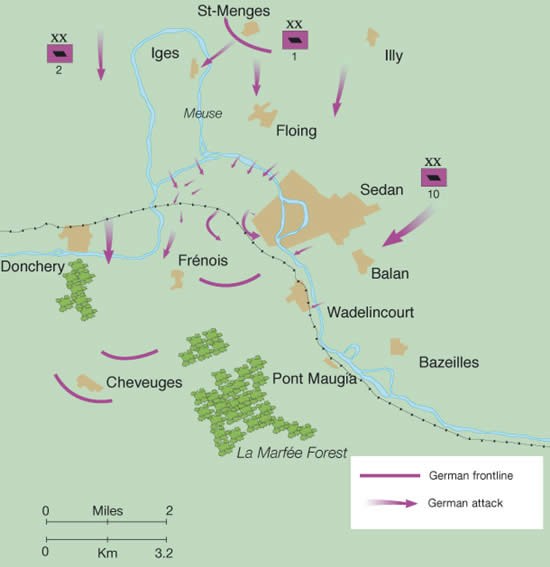 map showing the decisive breakthrough west of Sedan and up to the Stonne Ridge