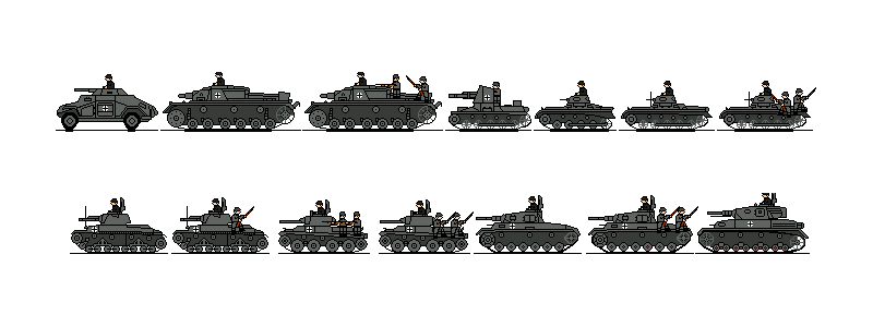 showing the component vehicles of a panzer column - most of them inferior in firepower to their french counterparts!!